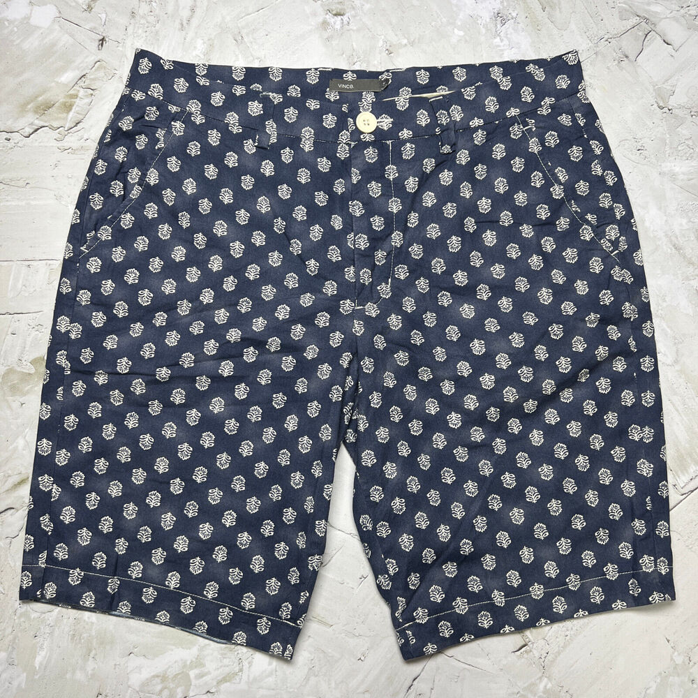 Vince Floral Chino Shorts 34 Blue Cotton Flat Front Tailored Summer Pocket